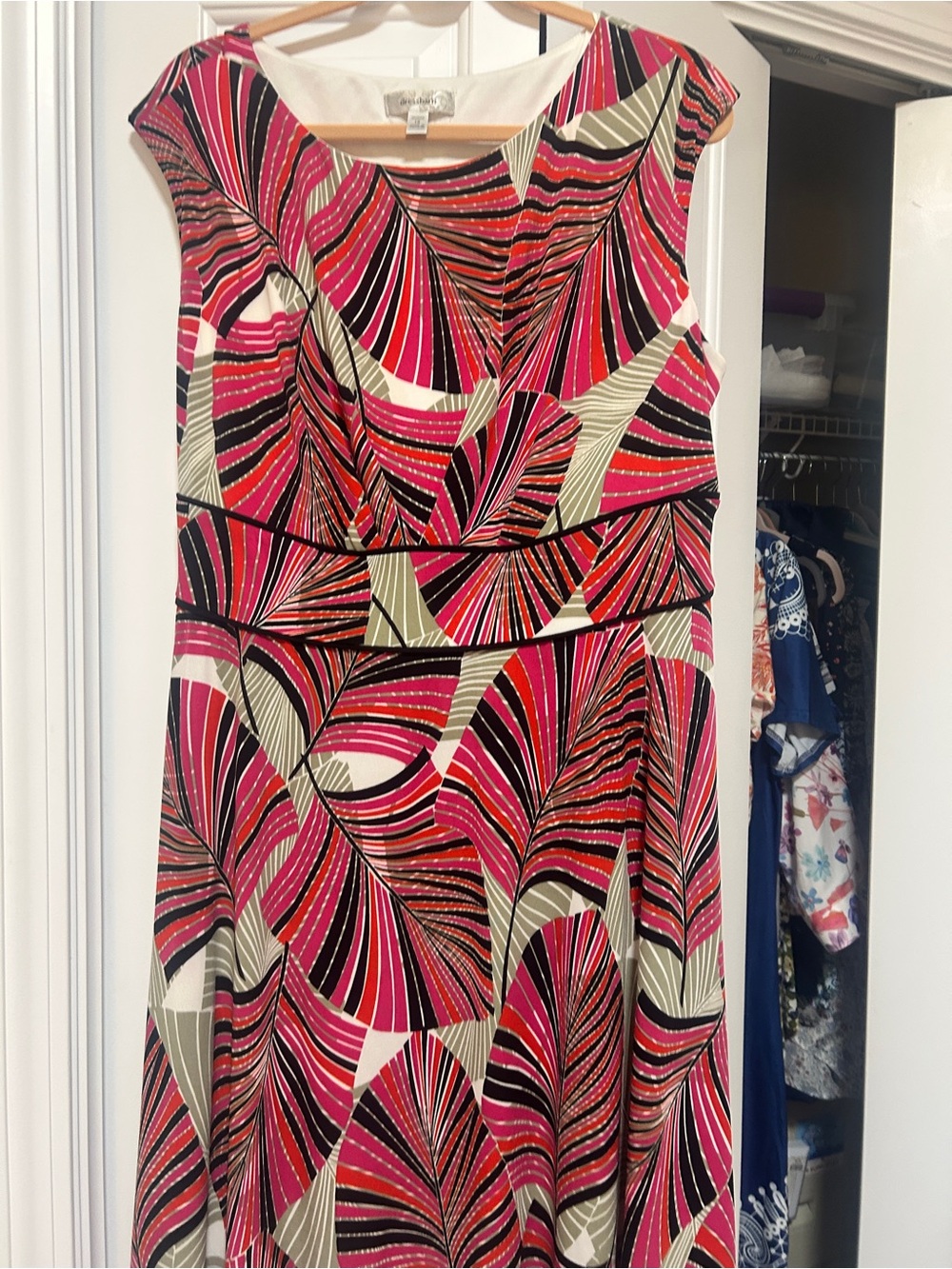 dressbarn Pink, Black & Cream Leaf-Print Midi Dress